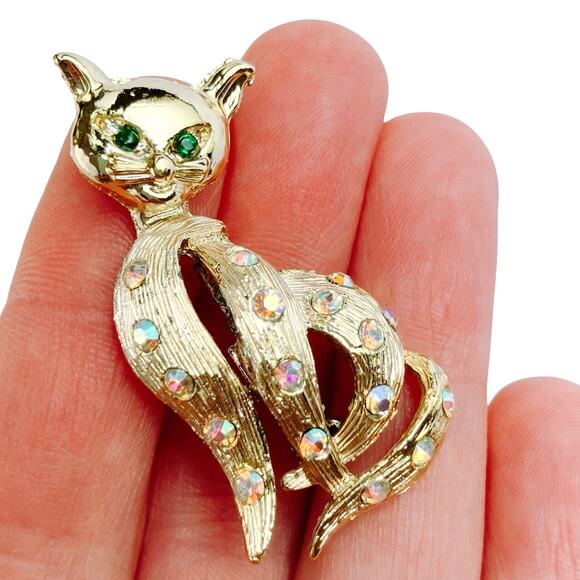 VTG Mid Century Creepy Cute Brooch Cat Figural Rhinestone Gold Tone Kitschy Pin - Picture 5 of 11
